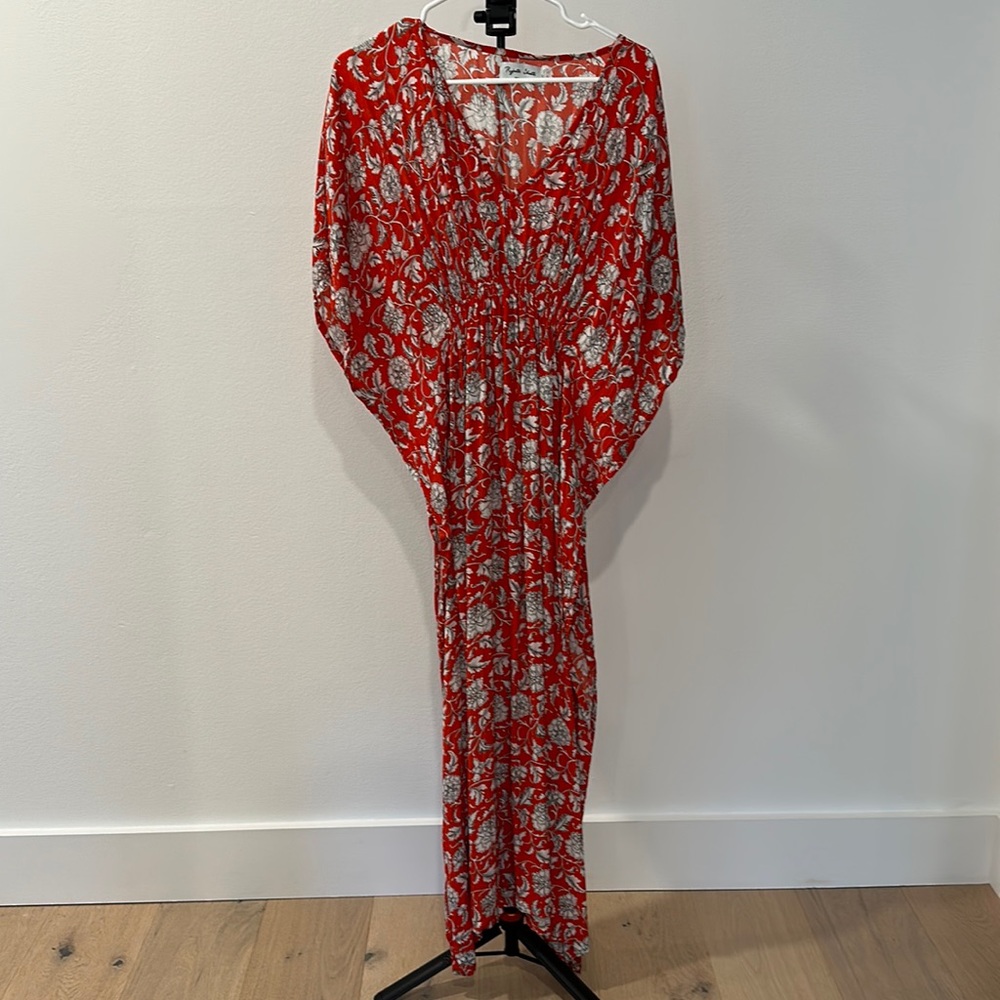 Anthropologie Rujuta Sheth red floral kaftan maxi dress size S/M